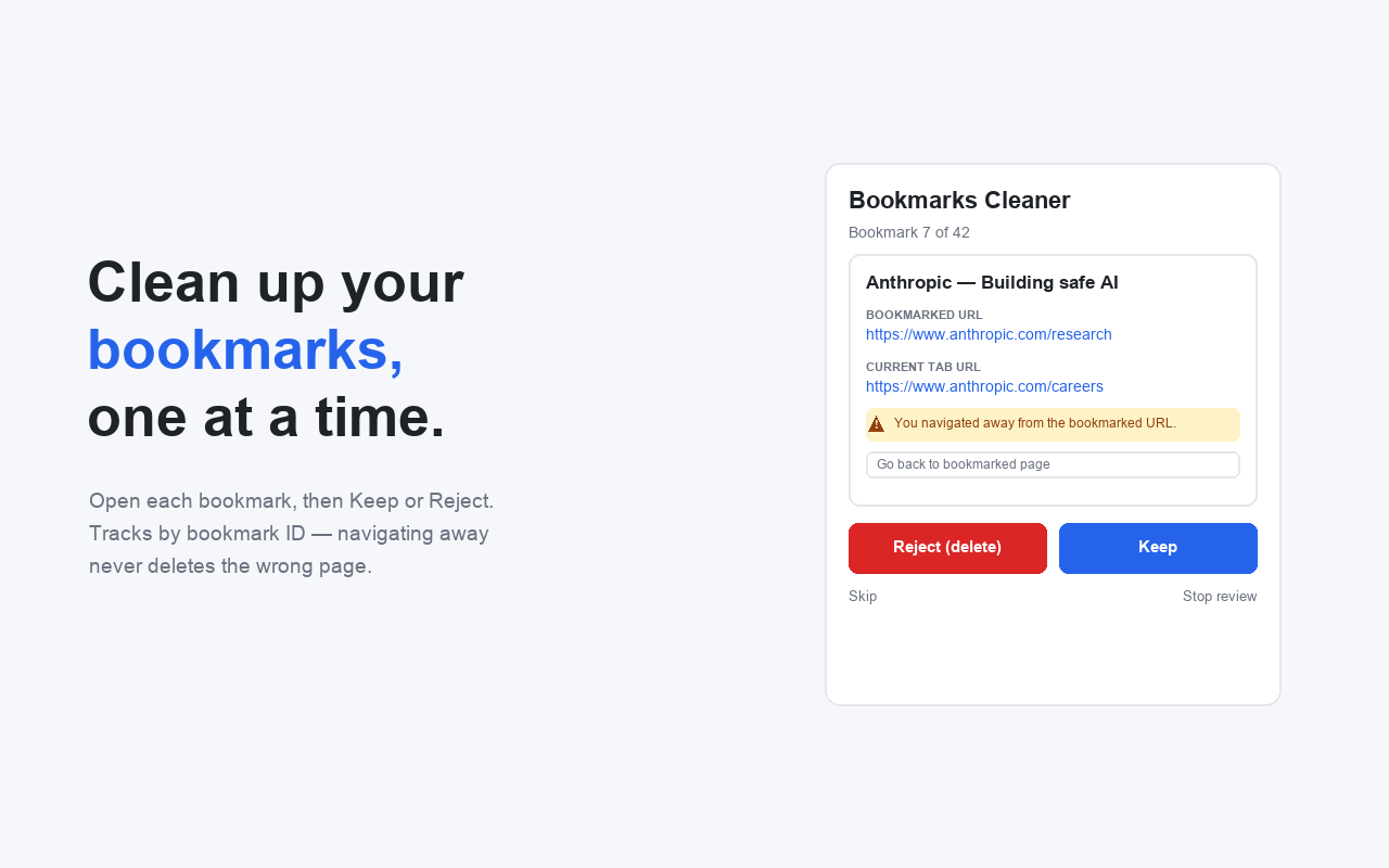 Bookmarks Cleaner side panel reviewing a bookmark