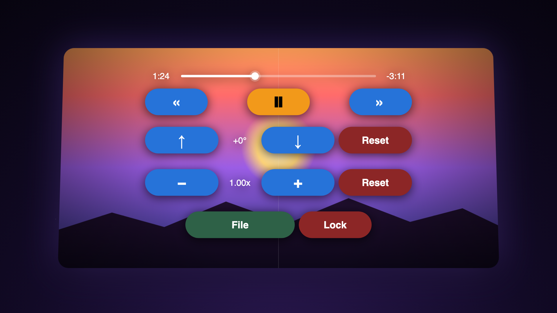 Control panel with transport, pitch and zoom steppers, file picker and lock