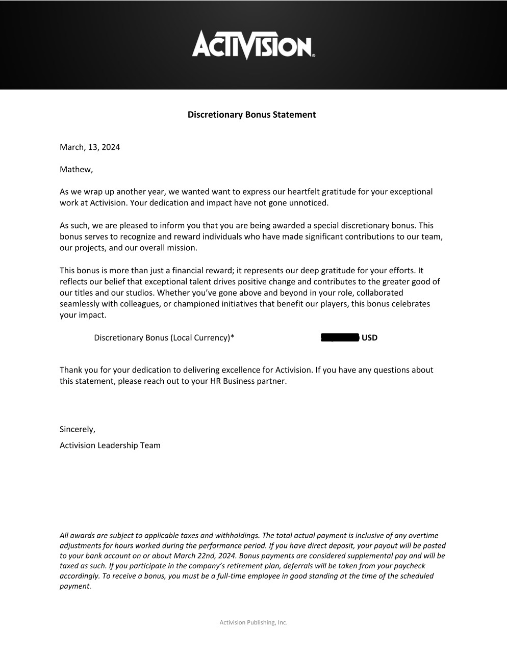 Activision award statement, March 2024