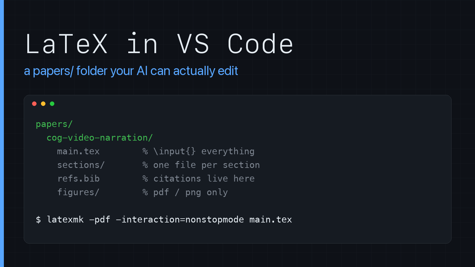 LaTeX in VS Code — a papers/ folder your AI can actually edit